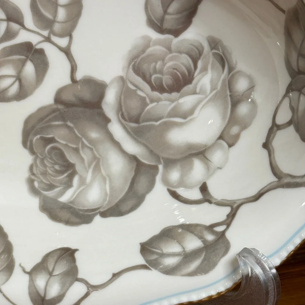 Castleton China Gloria Oval Vegetable Bowl Gray Rose Gold Trim Blue Made in USA